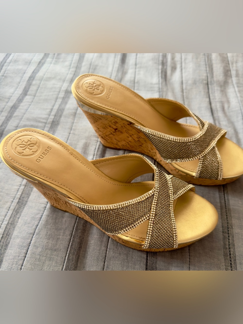GUESS Gold Rhinestone-Trim Cork Wedge Sandals